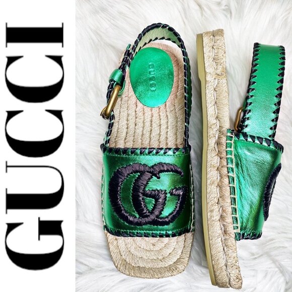 NWT GUCCI Nappa Silk Leather GG Logo Metallic Green Platform Espadrilles, 35 - Picture 4 of 14
